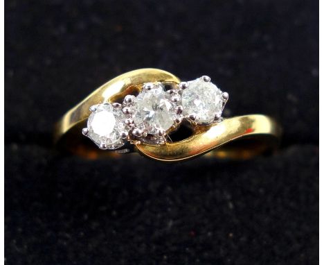 18ct gold trilogy ring set 3 diamonds, 0.50ct approx., stamped 750, 4.3 grams, boxed 