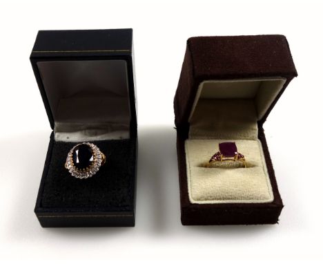 9ct gold ring set pink stones, size P, stamped 375, 2.5 grams; 9ct gold cluster ring set dark stone and white stones, size P,