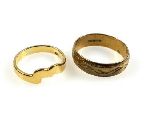 Yellow metal shaped ring stamped "750", 3.4grs and a 9ct gold ring, 4.2grs. (2) 