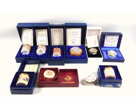 6 Halcyon Days commemorative and limited edition enamel boxes, including 400th anniversary of Shakespeare, Hong Kong Handover