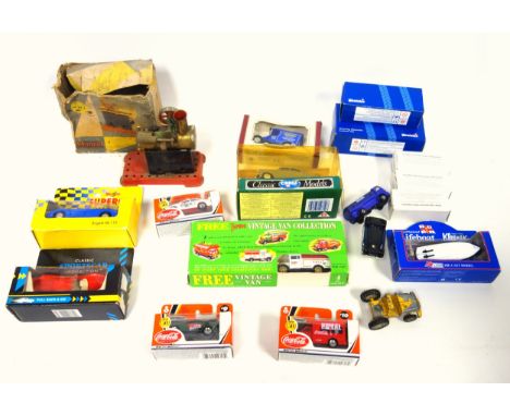 Mamod MM1 model steam engine with burner, in a damaged box; 14 model vehicles, boxed, and 3 other vehicles. (a lot) 