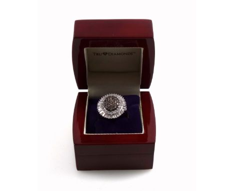 9ct white gold ring set white and champagne diamonds, 2ct approx., size P, stamped 375, 6.9 grams, boxed 