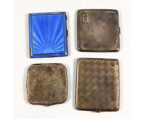 George VI silver cigarette case of bevelled rectangular form with a blue guilloche enamel front and gilt interior, by C S &am