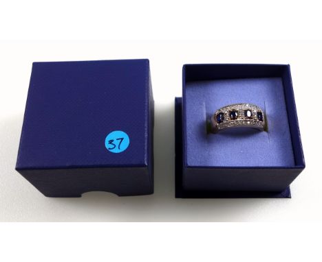 9ct gold ring set sapphires (1ct approx.) and diamonds (0.25 approx.), size P, stamped 375, 5.3 grams, boxed 