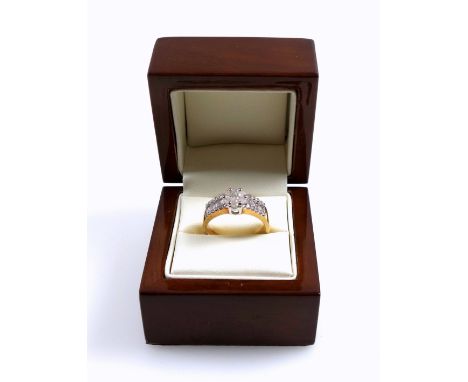 9ct gold ring set diamonds, 1ct approx., size P, stamped 375, 4.5 grams, boxed 