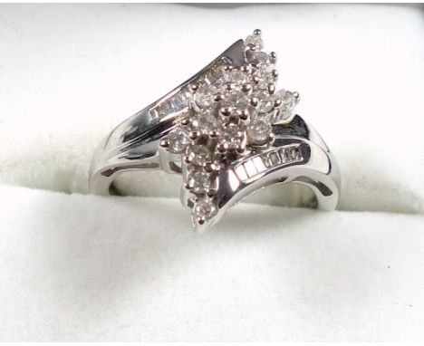 9ct white gold ring set diamonds, approx. 0.5ct, size N½, stamped 9K &amp; 375, 4.6 grams, boxed 