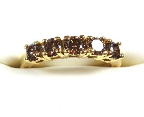 18ct gold ring set cognac diamonds, 1.25ct approx., size P, stamped 750 (mark worn), 5.1 grams, boxed 