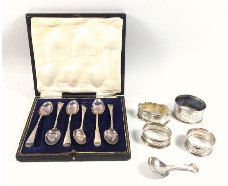 George IV King's pattern caddy spoon, by J W, Birmingham, 1824; 3 napkin rings, various dates, 60grs; Continental napkin ring