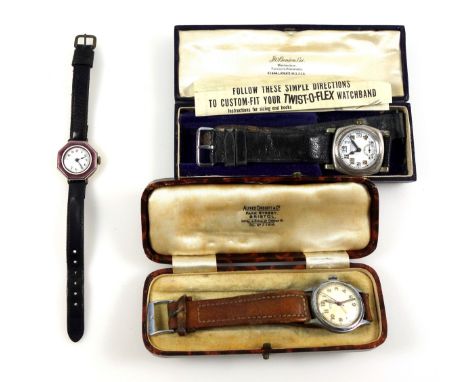 Lady's gold plated wristwatch with circular white enamelled dial, Arabic numerals, gilt minute markes, and a later purple ena
