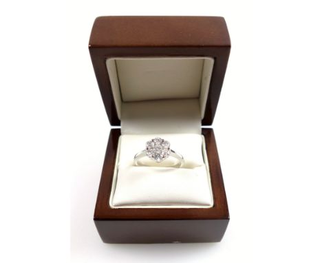 9ct white gold cluster ring set diamonds, 1.07ct approx., size P, stamped 9K and 375, 3.2 grams, boxed 