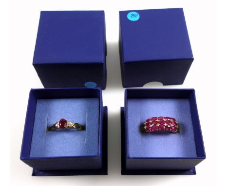 9ct gold ring set central ruby and diamonds, size P, stamped 9ct &amp; 375, 2.3 grams; 9ct gold ring set rubies and diamonds,