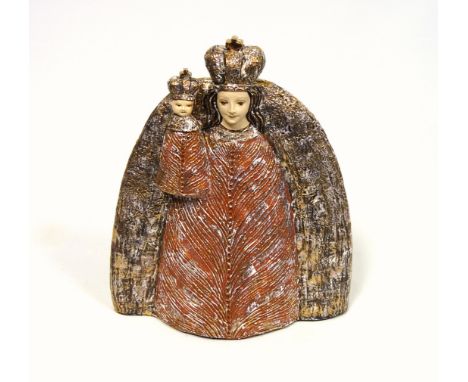 A large Austrian ceramic figure of the Madonna and Child, coloured and gold painted, by 'Keramik Hallstatt', founded by Gudru