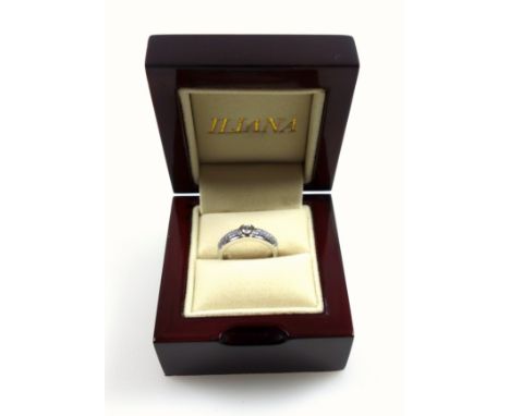 18ct white gold ring set diamonds, 0.5ct approx., size O, stamped 18K &amp; 750, 6.1 grams, boxed 