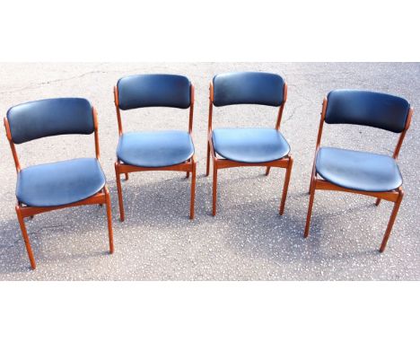 Set of 4 Danish Erik Buch Model 49 teak dining chairs, upholstered in black vinyl, (one with two screw covers missing). (4)