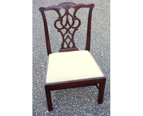 Child's Chippendale style mahogany chair, with a carved and pierced splat arched back and drop in seat, on chamfered legs and