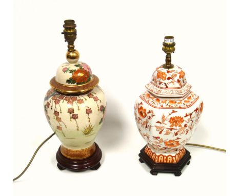 Chinese ceramic hexagonal table lamp with iron red floral decoration, H.37.5cm; and a Japanese Satsuma baluster table lamp wi