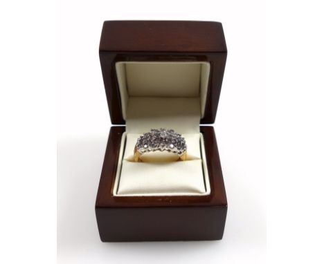 9ct gold ring set diamonds, 1.25ct approx., size P ½, stamped 9K, 375 &amp; 1.25, 6.0 grams, boxed 