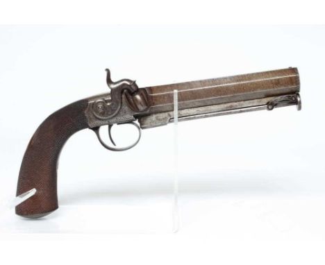 A PERCUSSION HOLSTER PISTOL by R. Neill, Drogheda, the 5 3/8" octagonal barrel inscribed with maker's name, front bead sight 