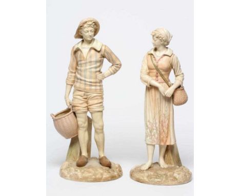 A PAIR OF VICTORIAN ROYAL WORCESTER PORCELAIN FIGURES, modelled by James Hadley as a young fisherman holding a basket in his 