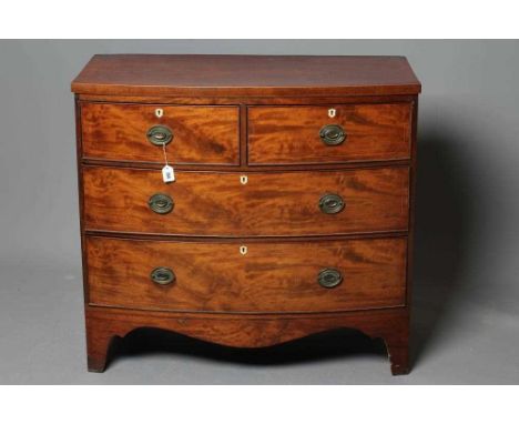 A GEORGIAN MAHOGANY BOWED CHEST, late 18th century, the banded caddy top with string edging, two short over two long drawers 