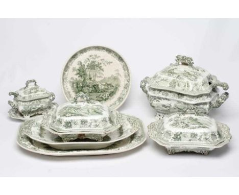 AN EARLY VICTORIAN COPELAND &amp; GARRETT EARTHENWARE AESOP'S FABLES PATTERN PART SERVICE, printed in underglaze green, compr