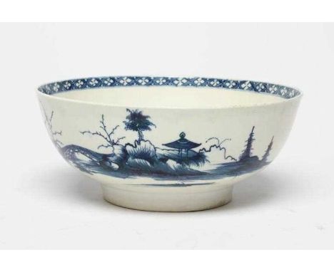 A WORCESTER PORCELAIN PRECIPICE PATTERN BOWL, c.1770, of plain circular form painted in underglaze blue, open crescent, 8" di
