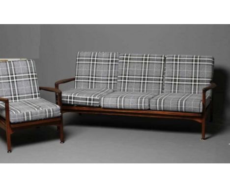A RETRO FORMOSA TEAK SOFA, mid 20th century, with loose cushions in a grey and white tartan weave, the slatted back with stra