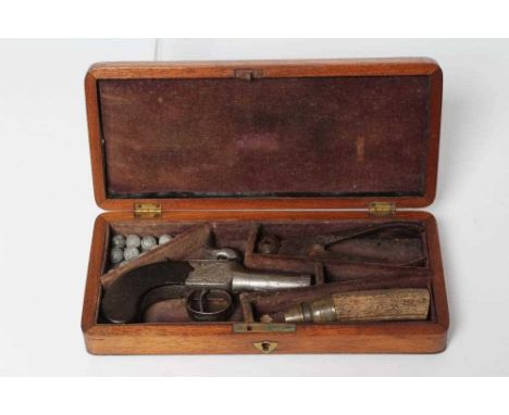 A CASED PERCUSSION POCKET PISTOL with 1 3/4" barrel, foliate etched action and walnut slab grip, 6" overall, in a case fitted