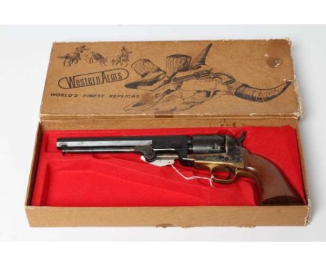 AN UBERTI NAVY PERCUSSION MODEL 1851 .36 REVOLVER with 7 1/2" barrel, cylinder etched with naval scene and integral hinged ra