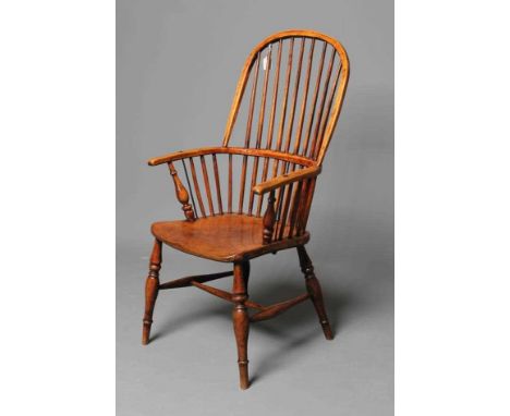 AN ASH AND ELM STICK BACK WINDSOR ARMCHAIR, North East Midlands, early/mid 19th century, with hooped back, baluster turned ar