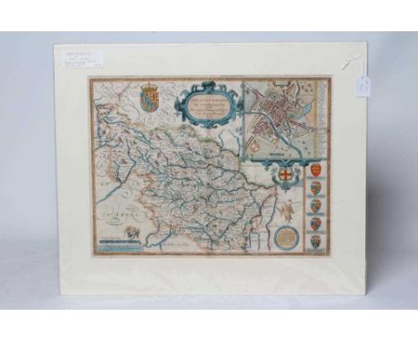 JOHN SPEED (1552-1629) The West Riding of Yorkshire, hand coloured engraved map, 1876 edition with plan of York City, coats o