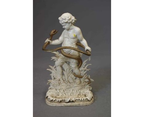 A VICTORIAN CAST IRON STICK STAND modelled as young Hercules with serpent, the base with leaf moulded drip tray, 18" x 33" (E