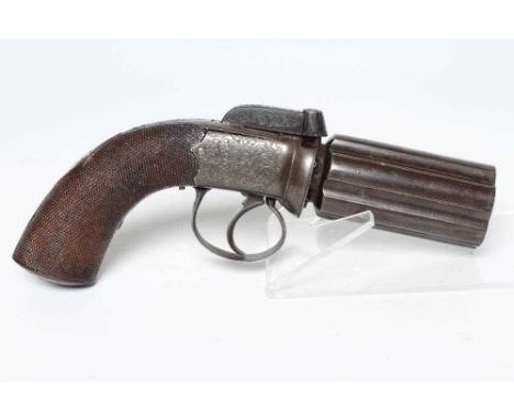 A SIX SHOT PEPPER BOX REVOLVER by Smith &amp; Co., the 3 3/8" barrel section numbered 1-6, scroll etched section bearing make
