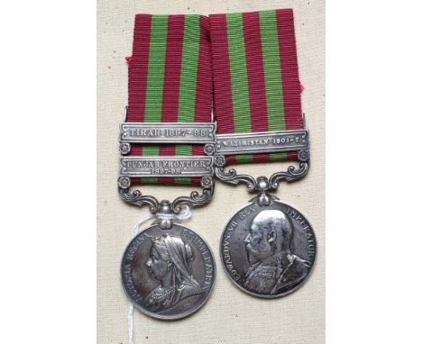 TWO INDIAN GENERAL SERVICE MEDALS 1895, one with Tirah 1897-98 and Punjab Frontier 1897-98 clasps, awarded to Bill Reville of