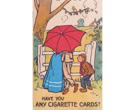 ADVERT, postcard, Have You Any Cigarette Cards?, by the kissing gate, pub. by Valentines, serrated edges, hand-written messag