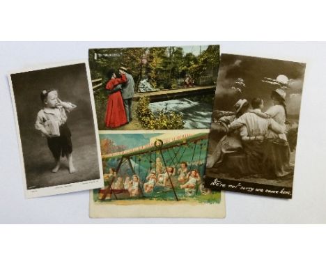 POSTCARDS, mixed selection, inc. comedy, novelty, children, floral, art, bathing, romance etc., most pu, some corner creasing