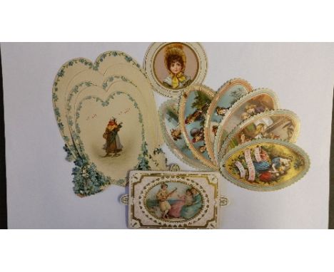 GREETINGS, selection, inc. De La Rue, beauties, scenes, children; Little Miss Dollywinks (six panel oval fan), hear-shaped co
