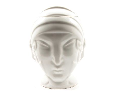 Porcelain Art Deco style figural bonbonnier, by Limoges, the body modelled each side with a female's face, wearing a close-fi
