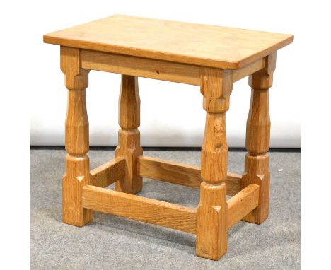 Arts &amp; Craft oak stool, by Robert 'Mouseman' Thompson of Kilburn, adzed rectangular top, raised on four octagonal legs jo