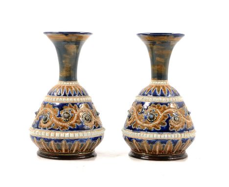 George Tinworth for Doulton Lambeth, a pair of 'Seaweed' stoneware vases, 1877, applied prints, incised artist's monogram, st