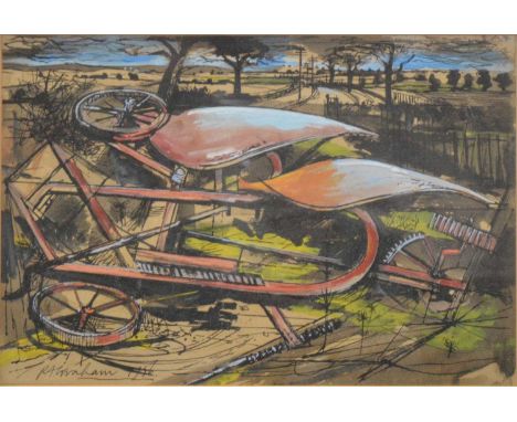 Rigby Graham, Upturned Plough at The Holt, Aylsestone, 1956, signed and dated, ink, watercolour, and gouache,21 x 30cm.