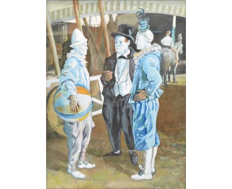 After Laura Knight,Three Clowns,gouache, unsigned,73x52cm.A version of the oil painting held by Leicester Art Gallery &amp; M