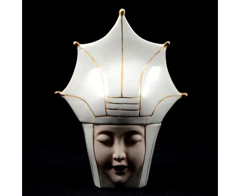Art Deco porcelain figural bonbonnier by Robj, 'The White Queen', the body modelled as a female face with eyes at rest, the c