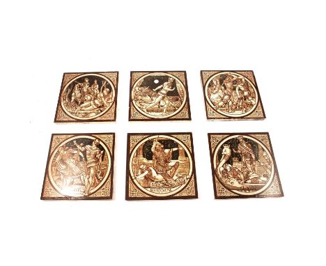 Set of six Minton Victorian Art Pottery tiles, designed by John Moyr Smith, 'Idyls of the KIng' series after Tennyson's poem,