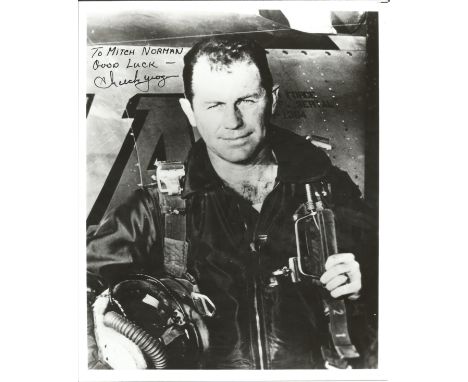 Chuck Yeager signed 10 x 8 b/w portrait photo in flying gear to Mitch Norman. Good Condition. All signed pieces come with a C