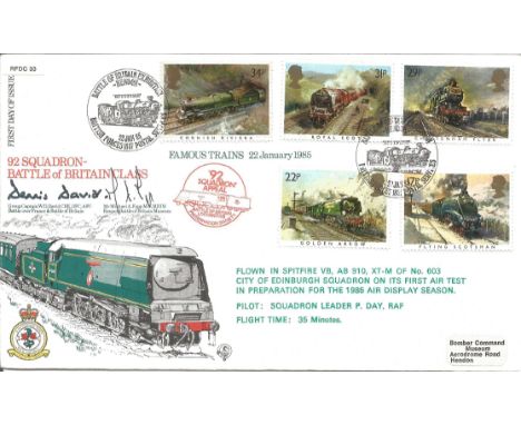 92 Squadron Battle of Britain Class Famous Trains Sqn appeal 25th January 1985 signed RAF cover. Flown in Spitfire VB AB 910 