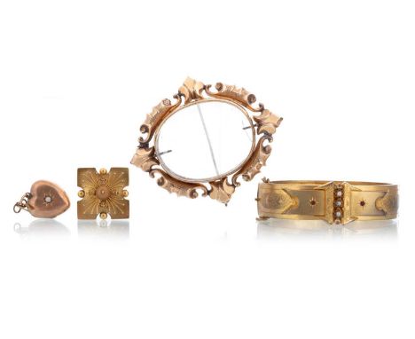 COLLECTION OF VICTORIAN JEWELLERY, including mourning brooch, bangle, a pendant and a brooch, each set in yellow metal