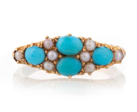 VICTORIAN TURQUOISE AND SEED PEARL RING, hallmarked Chester 1898, in eighteen carat gold, size K 1/2Qty: 4.9gLightly worn con