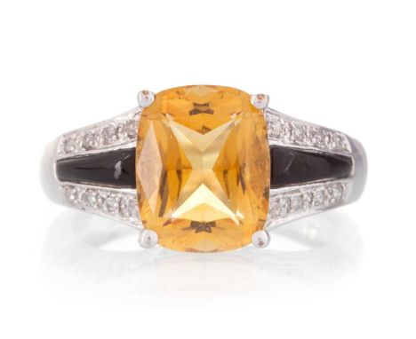 CITRINE DRESS RING, with diamond and onyx accents, in nine carat white goldLightly worn. Stones in fair condition. Citrine = 