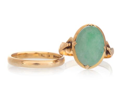 GOLD WEDDING BAND ALONG WITH A JADE RING,  the wedding band in eighteen carat gold, size P, the other marked 22K, size RQty: 